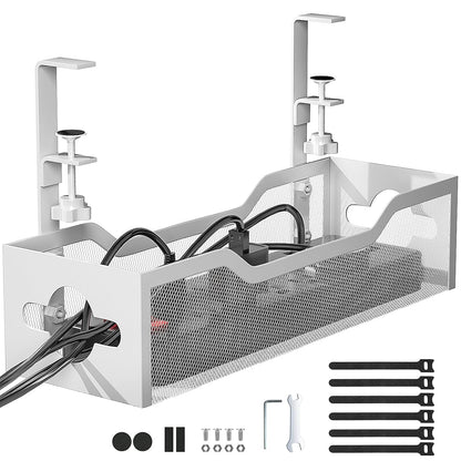 Under Desk Cable Management Tray No Drill, 13.38'' Metal Tray with Clamp for Wire Management, Litwaro Cord Organizer Home Office Damage to Standing Desk, White