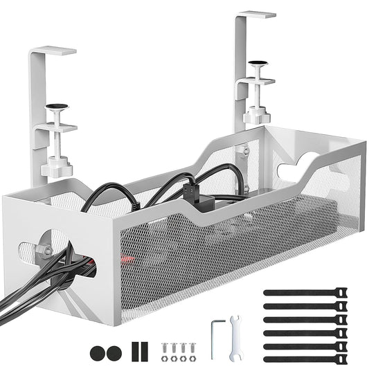 Under Desk Cable Management Tray No Drill, 13.38'' Metal Tray with Clamp for Wire Management, Litwaro Cord Organizer Home Office Damage to Standing Desk, White