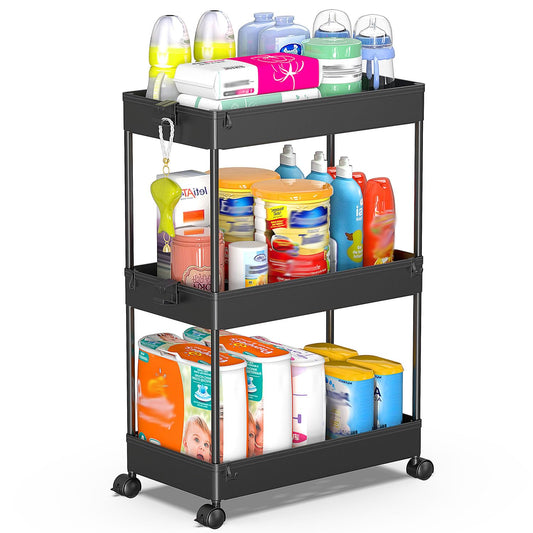 3 Tier Rolling Cart, Bathroom Cart Organizer with... (Black | Plastic)