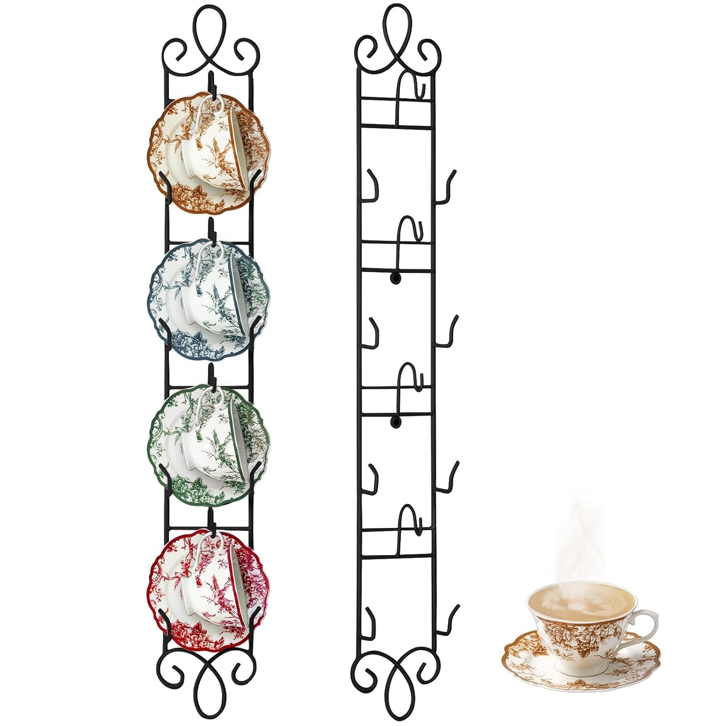 Blulu 2 Pcs Wall Mounted Tea Cup & Saucer Display Rack 4 Tiers,Black