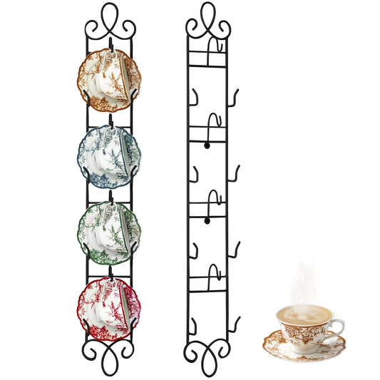 Blulu 2 Pcs Wall Mounted Tea Cup & Saucer Display Rack 4 Tiers,Black