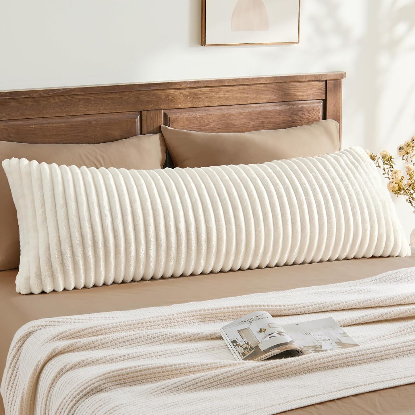 BEDELITE Fluffy Striped Body Pillow Cover with Zipper, Cream White, 20x54