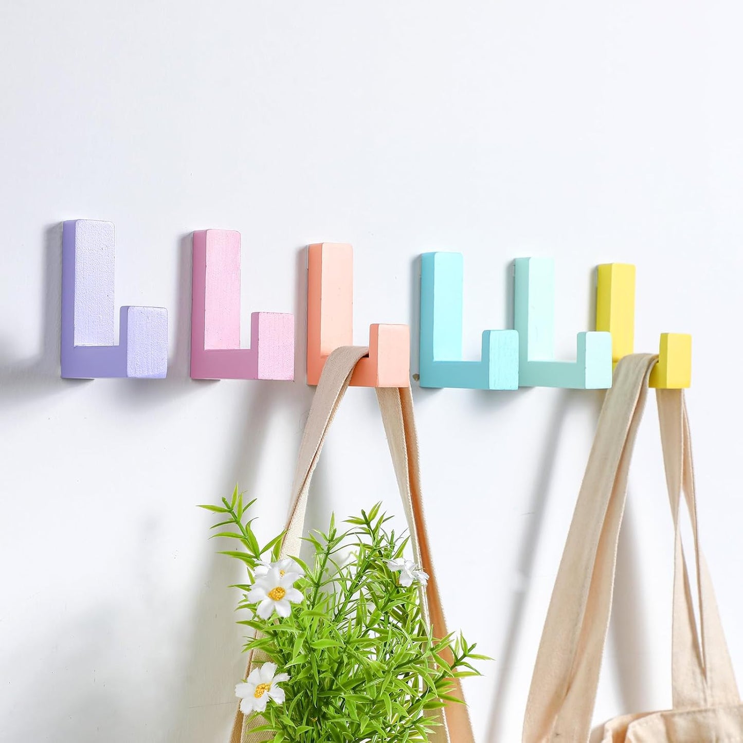Teenyyou 6 Pack Cute Kids Coat Wall Hooks Wooden Adhesive Decorative Colorful Wall Mounted Hangers Backpack Hooks for Hanging Keys Towel Clothes Bathroom Organization(Pastel,6 Pcs)