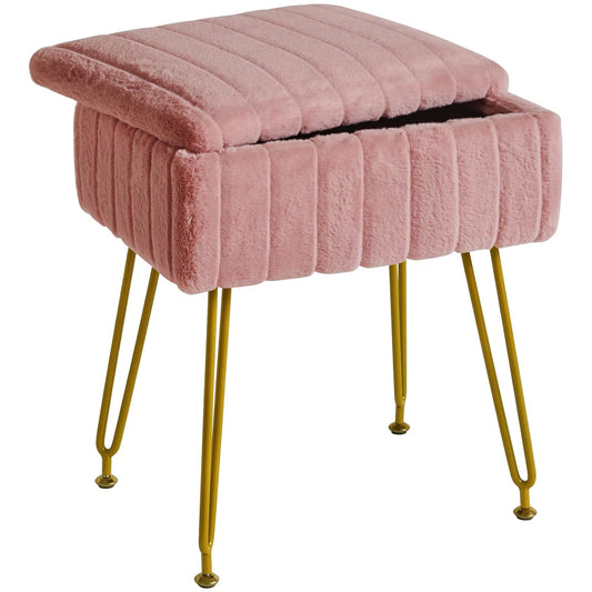IBUYKE Vanity Stool Chair with Storage, Faux Fur Ottoman, Pink LG-50P | Footrest Footstool Small Side Table 4 Metal Legs Anti-Slip Feet Makeup Room Bedroom