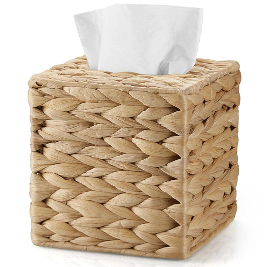 Tissue Box Cover Square, Water Hyacinth Hand-Woven Tissues Cube Box Holder, Woven Facial Tissue Holder for Bathroom Counter, Vanity, Bedroom, Office, Natural Boho Decorative
