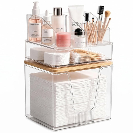 SPOSPO 3-in-1 Disposable Facial Towel Holder & Makeup Organizer | Cotton Ball/Swabs Dispenser, Vanity Holder with Bamboo Lid Compatible with Clean Skin Club Towel XL for Bathroom Coutertop