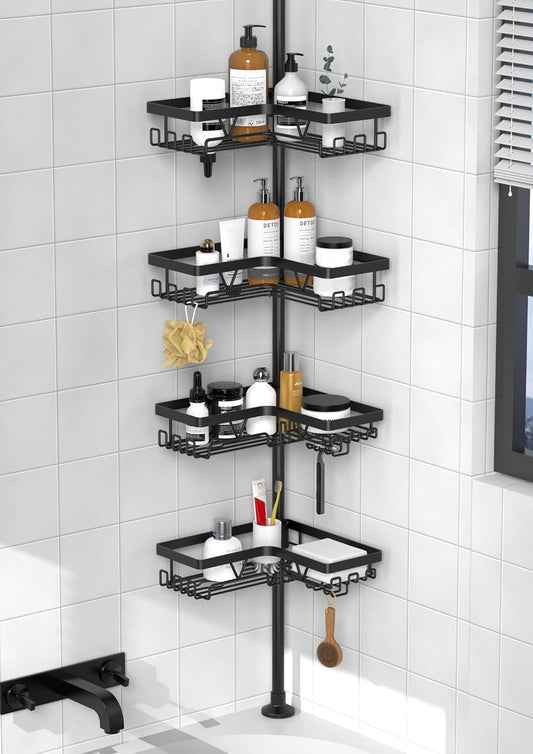 KEGII Corner Shower Caddy Tension Pole, Large Capacity Bathroom Organizer | 28 Hooks with Soap and Razor Holders, Heavy Duty 4-Tier Shelves for Family Bathtubs and Renters, Adjustable 25-114.2 inch