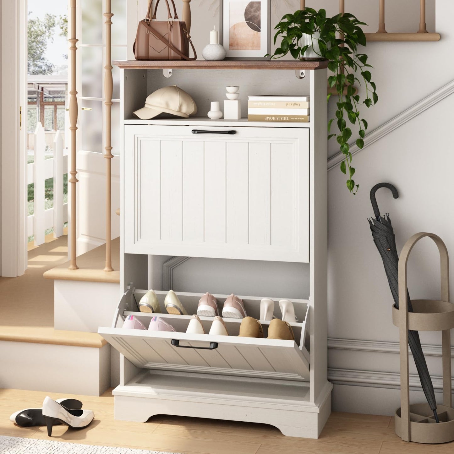 24" W Hidden Shoe Storage Cabinet with 2 Flip Drawers & Open Storage | Farmhouse Modern Shoes Rack Cabinet,Adjustable Shelves, Narrow Slim Shoes Organizer for Entryway,Foyer,Hallway,Antique White