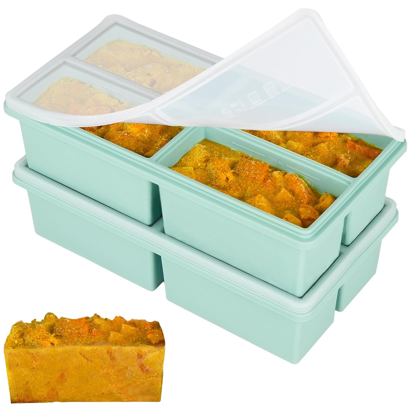 Silicone Freezer Trays with Lids - 1 cup soup freezer container large ice cube molds - with Reinforced Steel Ring Top, Silicone Freezer Containers, Freeze and Store Soups, Sauces, Leftovers-2 Packs