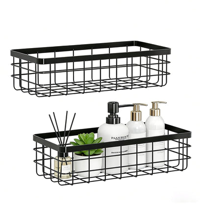 2 Pack Black Adhesive Metal Wire Wall Storage Baskets for Kitchen Bathroom | Drill-free metal baskets fit kitchen, cabinet, shower; usable as spice rack, shower caddy & cabinet storage organizer