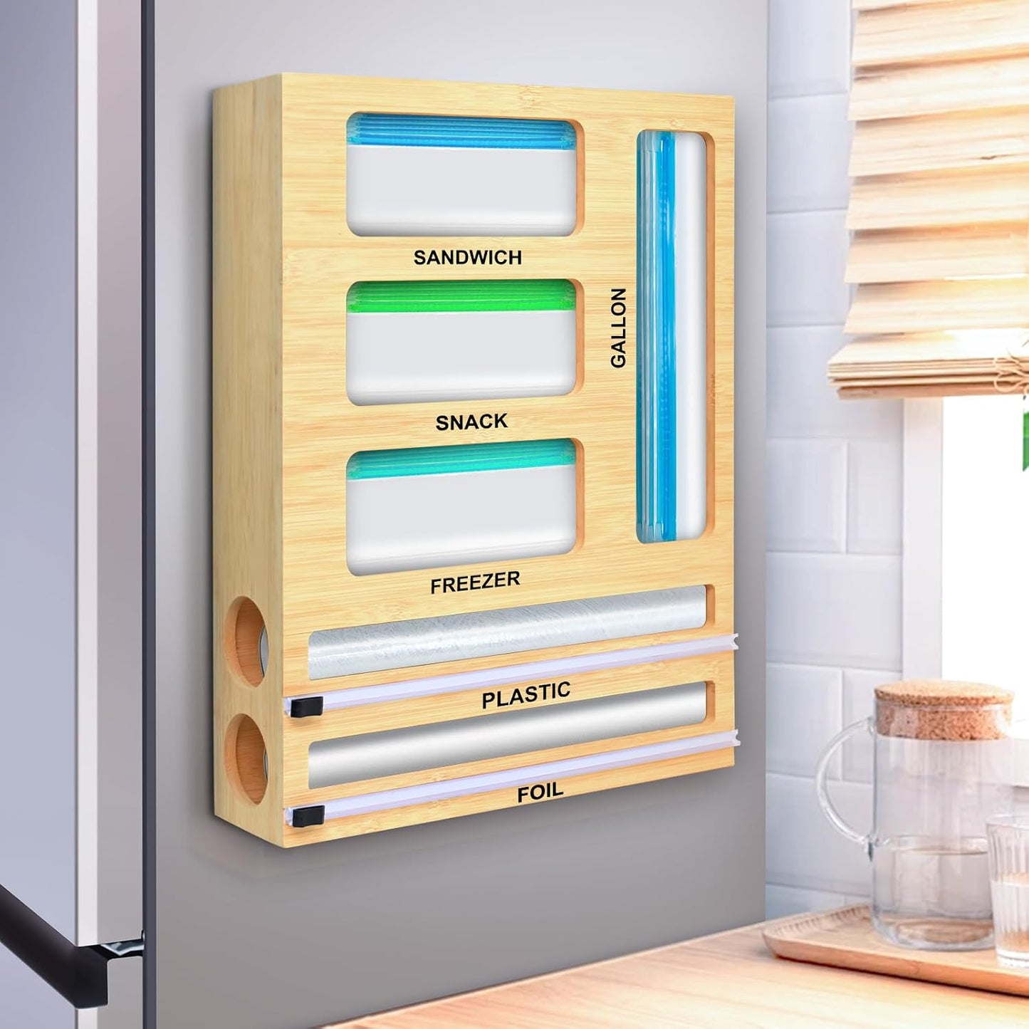 Magnetic Food Bag Storage Organizer for Drawer or Refrigerator | Ziplock Bag Organizer, Compatible with Gallon,Quart, Sandwich, Snack & Variety Size Bags, Bamboo, 12.7"W x 16.6"H x 4"D