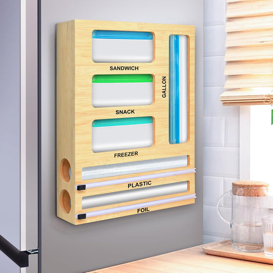 Magnetic Food Bag Storage Organizer for Drawer or Refrigerator | Ziplock Bag Organizer, Compatible with Gallon,Quart, Sandwich, Snack & Variety Size Bags, Bamboo, 12.7"W x 16.6"H x 4"D