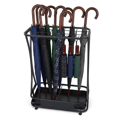 15 Slot Umbrella Stand with 8 Hooks – Heavy Duty Metal Indoor Umbrella Rack Holder with Removable Drip Tray – Large Commercial Entryway Organizer for Office, Lobby or Home
