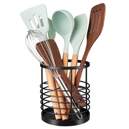 Utensil Holder for Kitchen Countertop,Metal Spatula Holder,Cooking Utensil Holder for Spoon,Wire Utensil Organizer,Stainless Steel Round Utensil Caddy Crock Flatware Storage Counter (Black)
