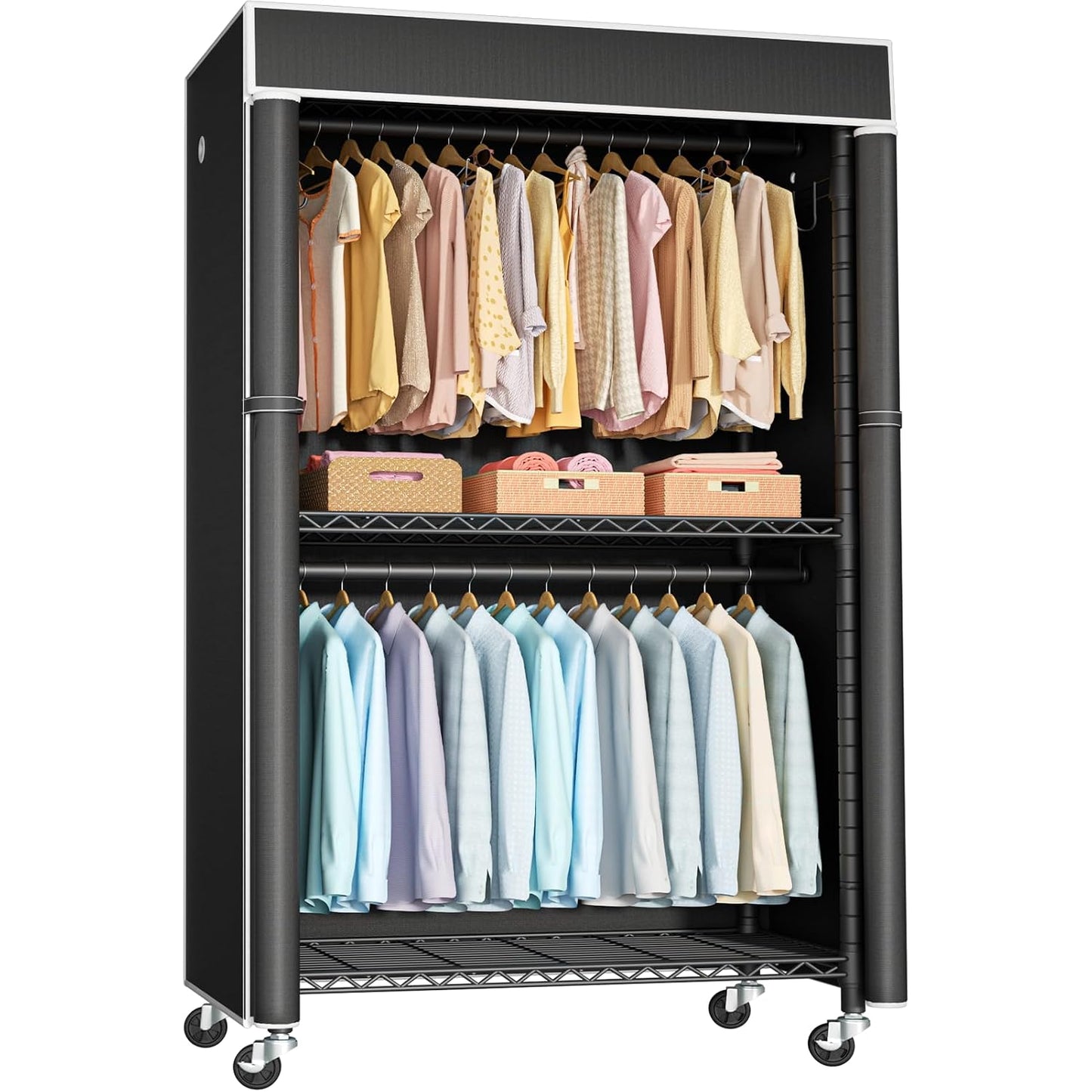 Clothing Rack with Cover, P1C Rolling Closets with Wheels, Metal Garment Rack for Hanging Clothes, Clothing Storage Wardrobe with Cover, 36.2" W x 16.5" D x 80.5" H, Black, Load 450 Pounds