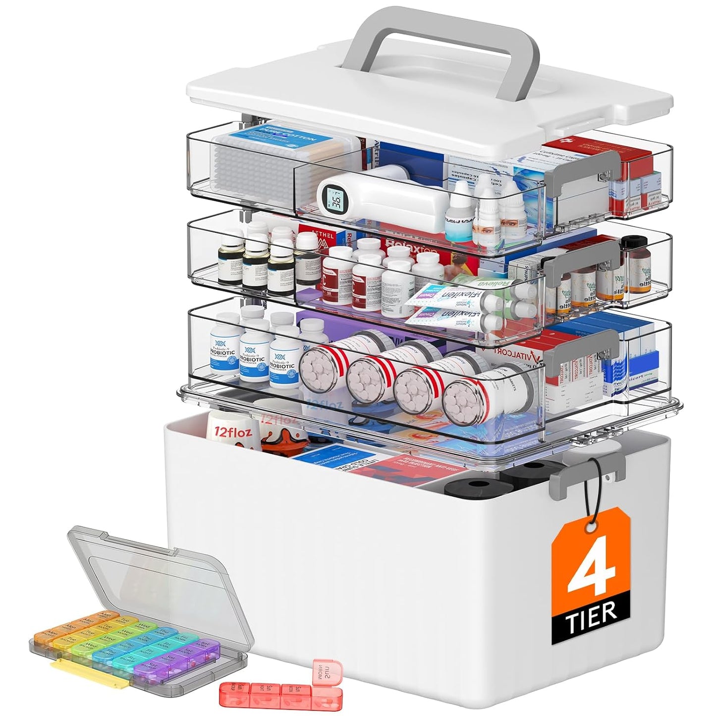 Lifewit 4-Tier Extra-Tall Medicine Cabinet Organizer with Handle& Pill Case | Deep Bottom Fits 7.1" Bottles, Portable Empty First Aid Box for Vitamin, Sewing, Tackle, Tool, Bathroom Under Sink Storage