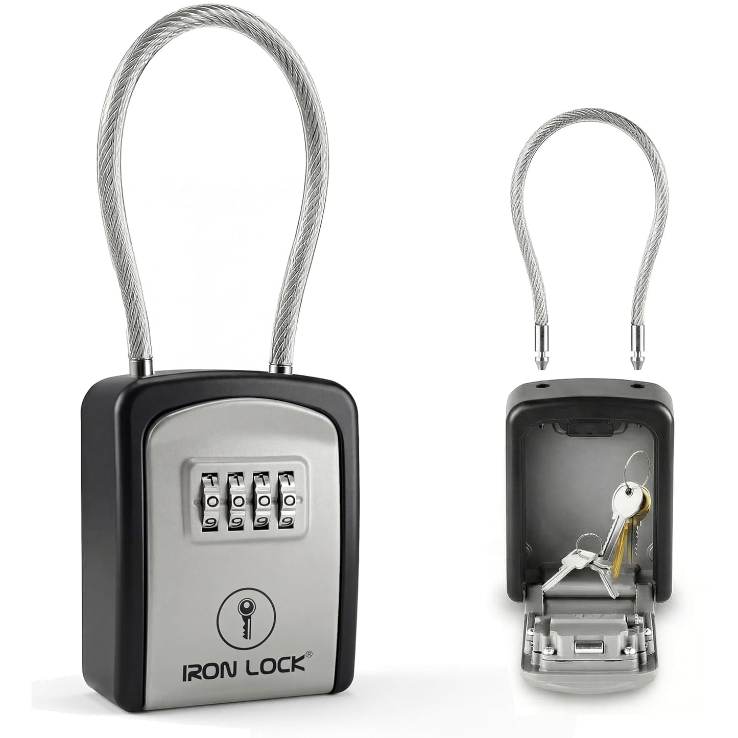 Iron Lock® Key Lock Box with Code, Portable Cable Shackle (Small, Grey) | Holds 2-3 house keys or an access card; 11-in steel cable loops on gate or rail; weather-resistant; no app or battery