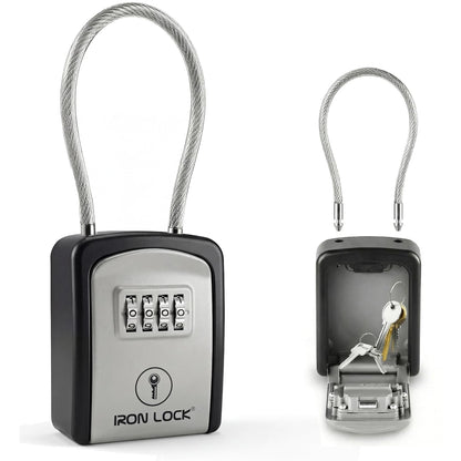 Iron Lock® Key Lock Box with Code, Portable Cable Shackle (Small, Grey) | Holds 2-3 house keys or an access card; 11-in steel cable loops on gate or rail; weather-resistant; no app or battery