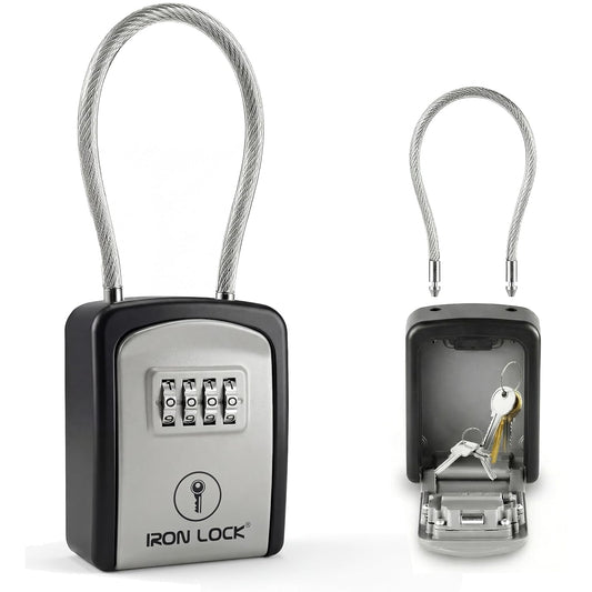 Iron Lock® Key Lock Box with Code, Portable Cable Shackle (Small, Grey) | Holds 2-3 house keys or an access card; 11-in steel cable loops on gate or rail; weather-resistant; no app or battery