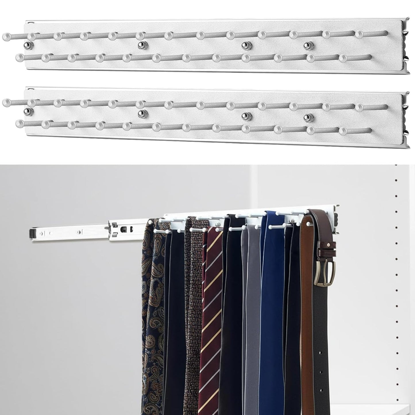 Blulu 2 Pcs 13.8'' Sliding Tie Rack Hangers for Closet, 25 Tie Each, Silver | Includes 2 Silver 13.8 Inch Metal Racks with 25 Hooks Each and 12 Screws; Full-extension Ball-bearing Slides for Easy Access