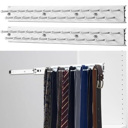 Blulu 2 Pcs 13.8'' Sliding Tie Rack Hangers for Closet, 25 Tie Each, Silver | Includes 2 Silver 13.8 Inch Metal Racks with 25 Hooks Each and 12 Screws; Full-extension Ball-bearing Slides for Easy Access