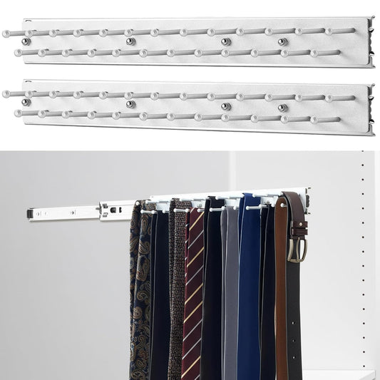 Blulu 2 Pcs 13.8'' Sliding Tie Rack Hangers for Closet, 25 Tie Each, Silver | Includes 2 Silver 13.8 Inch Metal Racks with 25 Hooks Each and 12 Screws; Full-extension Ball-bearing Slides for Easy Access