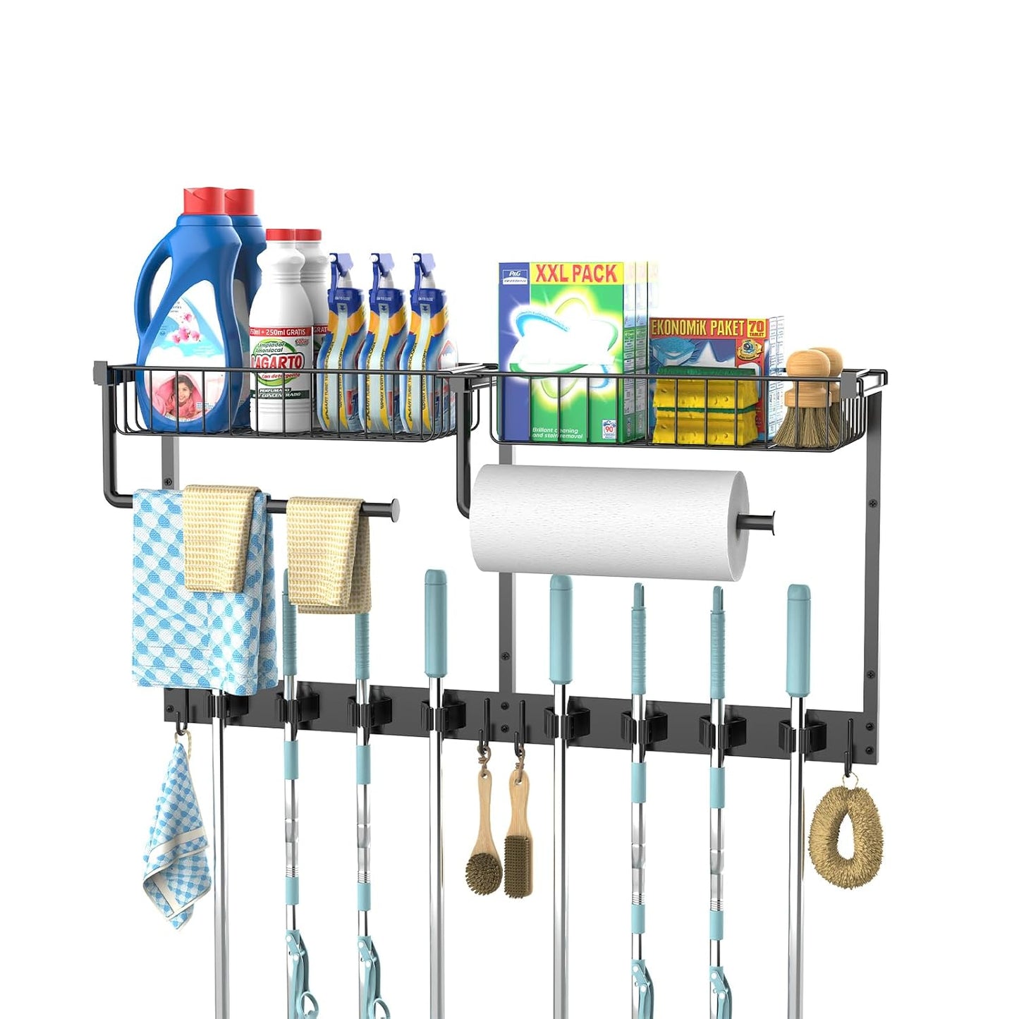 Broom Holder Wall Mount, Broom and Mop Organizer Wall Hanging with Paper Towel Holder & Removable Anti-fall Basket, Wall Mount Cleaning Supplies Organizer for Laundry Room, Apartment, Utility Room