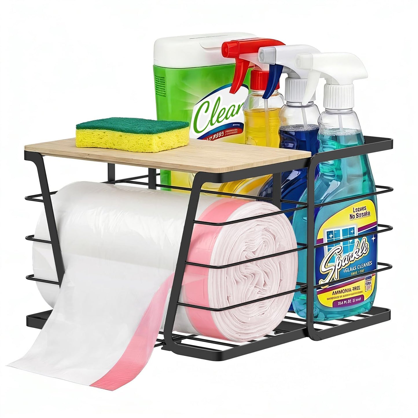 Trash Bag Dispenser 2 in 1 Under Sink Organizer, Garbage Bag Roll Holder | with Bamboo Lid, Fits 13/30/33 Gal Large Bag Roll, Open Back Storage for Tall Bottles, for Kitchen, Bathroom, Laundry Room