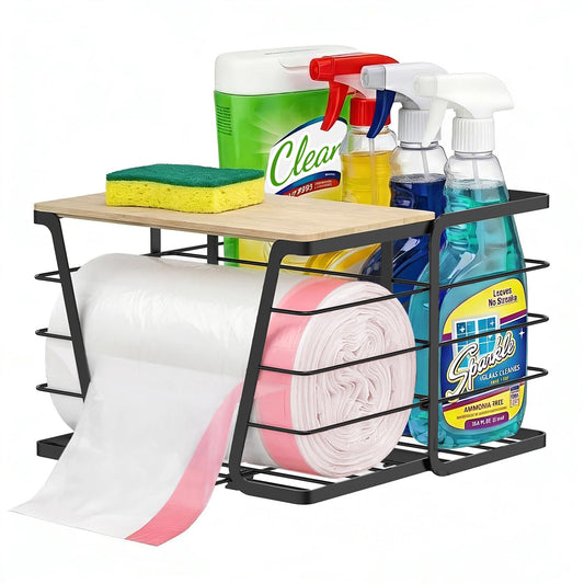 Trash Bag Dispenser 2 in 1 Under Sink Organizer, Garbage Bag Roll Holder | with Bamboo Lid, Fits 13/30/33 Gal Large Bag Roll, Open Back Storage for Tall Bottles, for Kitchen, Bathroom, Laundry Room