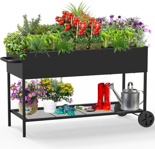 51＂Raised Garden Bed with Leg,Mobile Planter Box w... (Black | Metal)