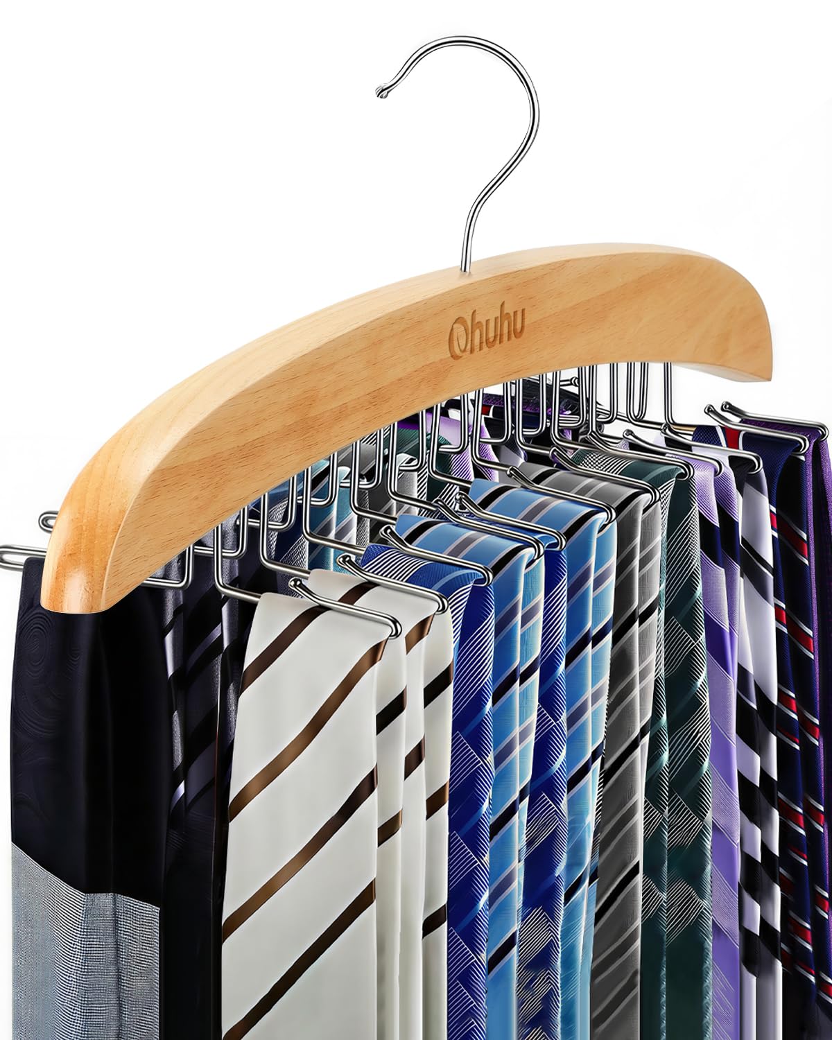 Ohuhu 24-Hook Wooden Tie Rack Organizer for Closet – Space Saving Hanger with 360° Rotating Anti-Slip Clips, Holds 24 Ties Securely Without Wrinkles – Premium Hardwood & Rustproof Steel