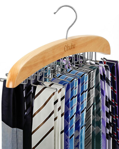 Ohuhu 24-Hook Wooden Tie Rack Organizer for Closet – Space Saving Hanger with 360° Rotating Anti-Slip Clips, Holds 24 Ties Securely Without Wrinkles – Premium Hardwood & Rustproof Steel
