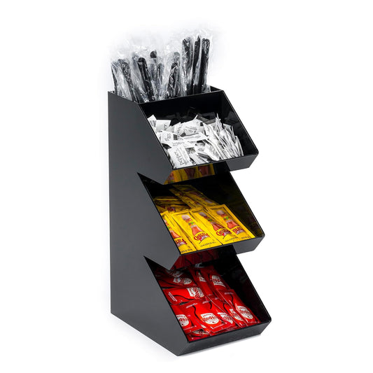 Inevibe Condiment Holder Stand, 3 Tier Coffee Station Organizer | Triple Compartment Black Acrylic Caddy Storage Rack for Condiments, Sauce Packets, & Coffee Display in Bar, Restaurant, Home