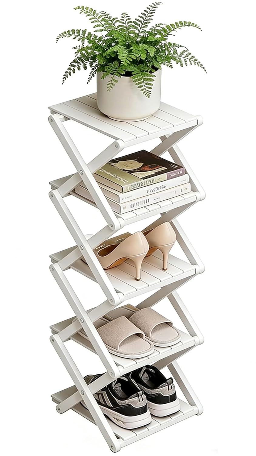 Bamboo Shoe Rack - No Assembly Required, Tall Narrow Foldable Shoe Organizer, Space-Saving Multifunctional Shelf for Entryways, Corners, Bedrooms, Balconies, 5 Layer White (Reinforced And Thickened )