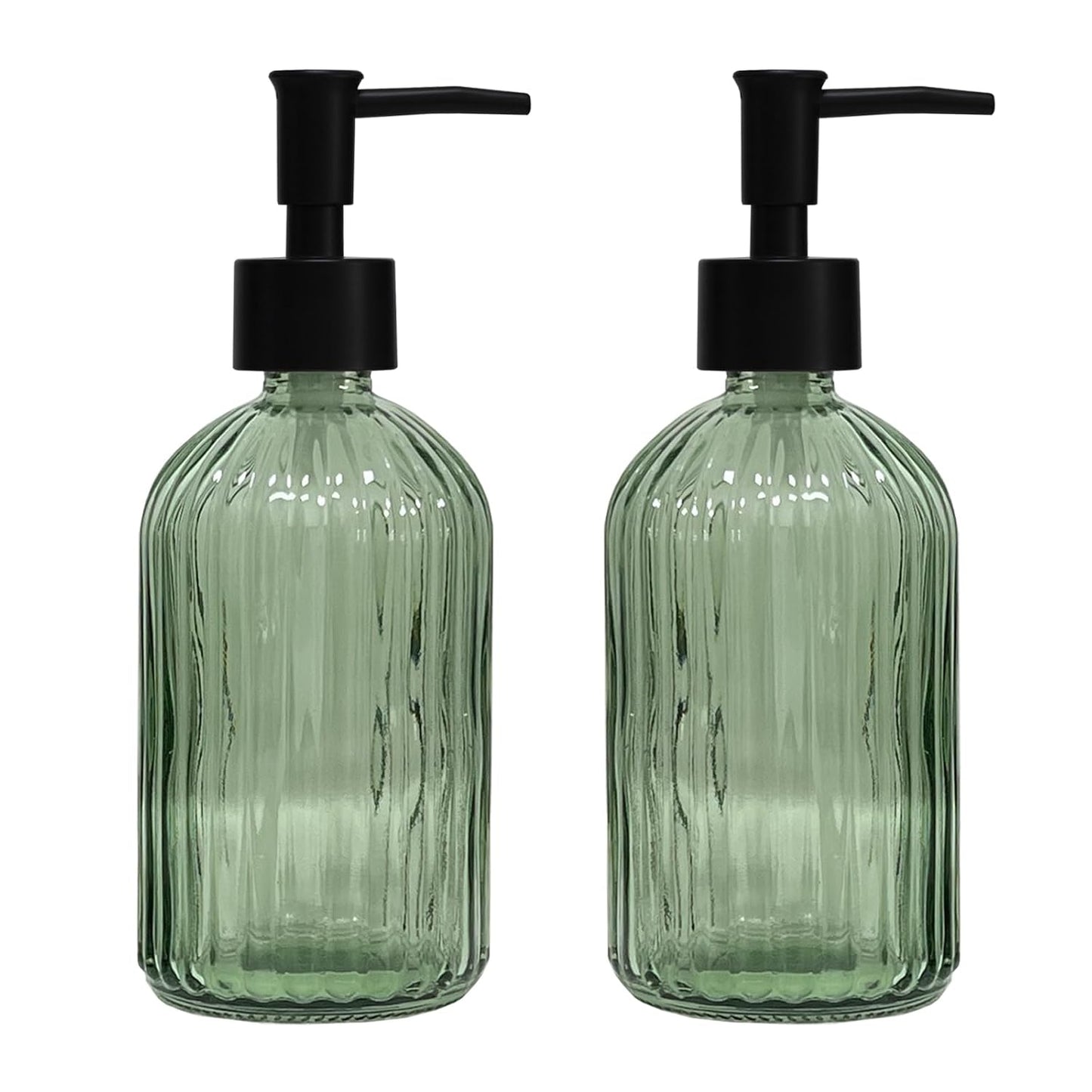 YYTSGG Green Glass Soap Dispenser Set with Black Pump, 13.5oz, 2 Pack | Refillable Liquid Hand Soap Dispenser, Lotion Dish Soap Dispenser for Modern Home Decor, Bathroom, Kitchen Countertop, Hotel