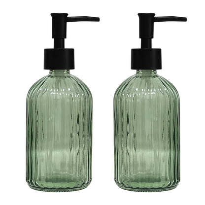 YYTSGG Green Glass Soap Dispenser Set with Black Pump, 13.5oz, 2 Pack | Refillable Liquid Hand Soap Dispenser, Lotion Dish Soap Dispenser for Modern Home Decor, Bathroom, Kitchen Countertop, Hotel