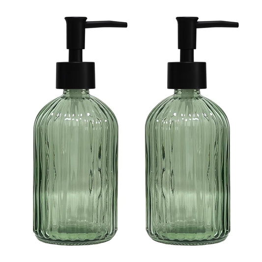 YYTSGG Green Glass Soap Dispenser Set with Black Pump, 13.5oz, 2 Pack | Refillable Liquid Hand Soap Dispenser, Lotion Dish Soap Dispenser for Modern Home Decor, Bathroom, Kitchen Countertop, Hotel