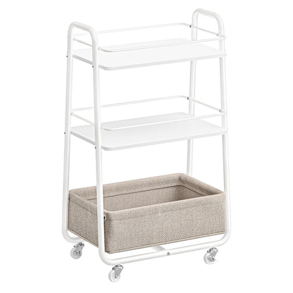 VASAGLE LILEA Collection - Storage Cart with Fabric Basket, 3-Tier Rolling Utility Cart with Wheels and Shelves, for Living Room Bedroom Kitchen, Cloud White and Camel Brown ULRC001WB01