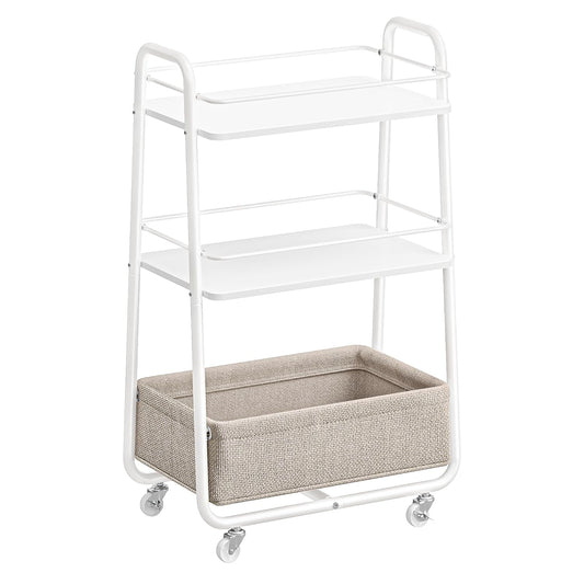VASAGLE LILEA Collection - Storage Cart with Fabric Basket, 3-Tier Rolling Utility Cart with Wheels and Shelves, for Living Room Bedroom Kitchen, Cloud White and Camel Brown ULRC001WB01