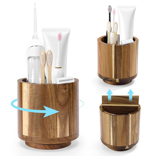 Toothbrush Holder for Bathrooms Toothpaste Organizer, Acacia Wood | Four Drainage Holes,Removable Divider,360° Rotating Base,Space-Saving,Farmhouse Style,for Bathroom Countertop,Shower,Vanity