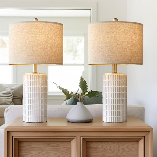 23" Modern Ceramic Table Lamp Set of 2 for Living... (2 Count | Beige and White | Ceramic, Linen)