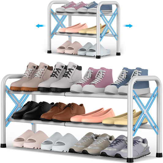 YEASHEIN 2-Tier Expandable Shoe Rack for Closet Floor, X-Frame - White | Metal Small Shoe Rack for Entryway, Adjustable Shoe Shelf Organizer, Free Standing Shoe Racks for Front Door Entrance, Garage