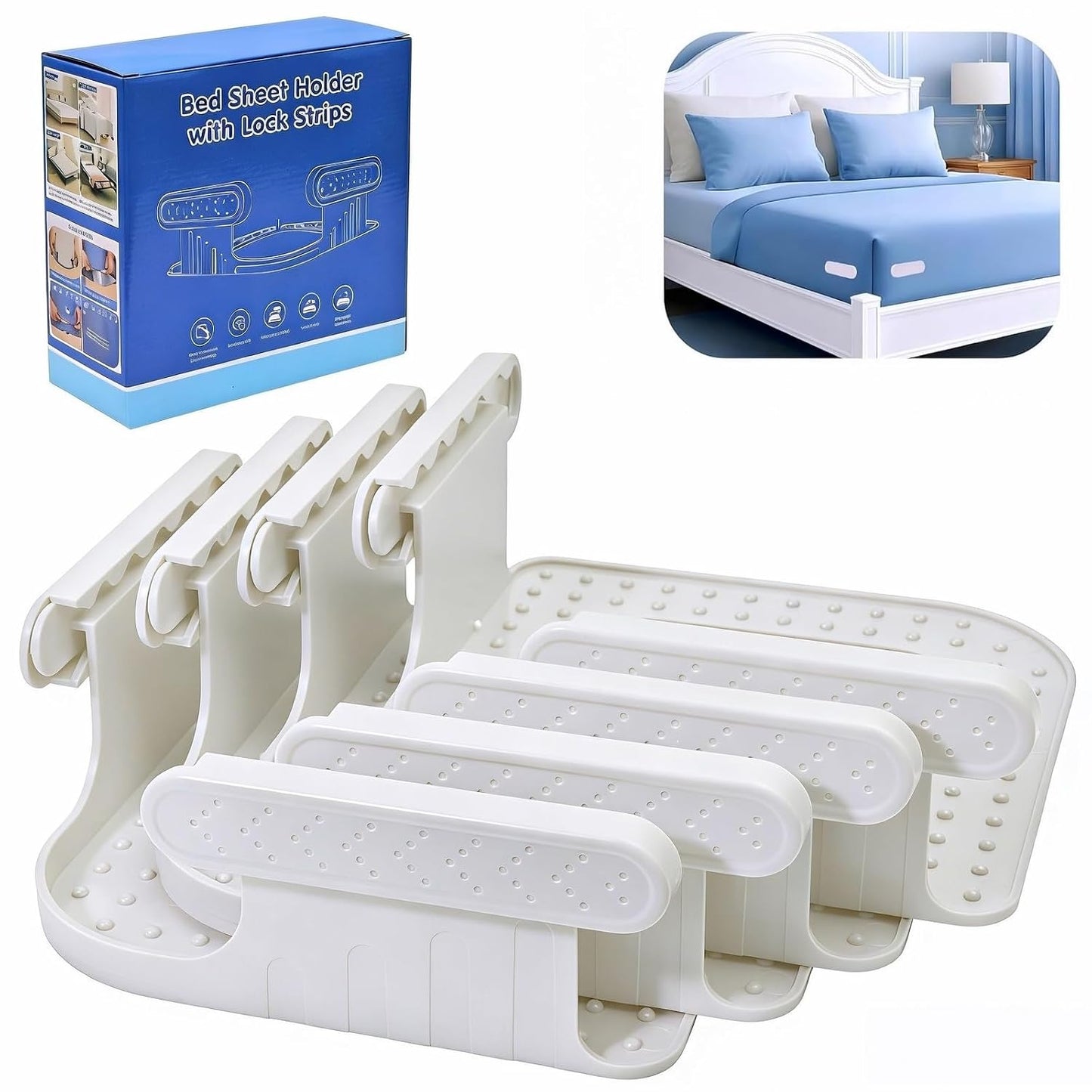 Bed Sheet Holders for Corners, 4Pcs White Fitted Sheet Clips | Heavy Duty Sheet Locks Keep Sheets Tight & Firm, Easy Install Fasteners Fit All Mattress Sizes