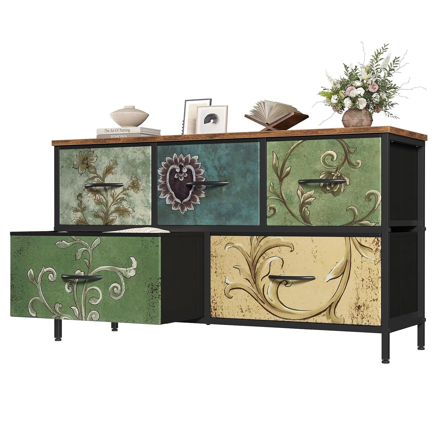 OLIXIS 5 Drawer Dresser for Bedroom, Storage Organizer Unit for Closet | Chest of Drawers for Clothes Storage with Bins, Wide Fabric Bedroom Dresser, Wooden Top, Living Room, Flower