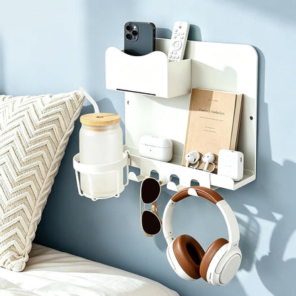 Metal Bedside Wall Shelf with Cup Holder, No Drill Floating Bedside Shelf Organizer, Wall Mounted Nightstand Alternative for Bedroom, Dorm, Bunk Bed, Loft Bed & Small Spaces, White
