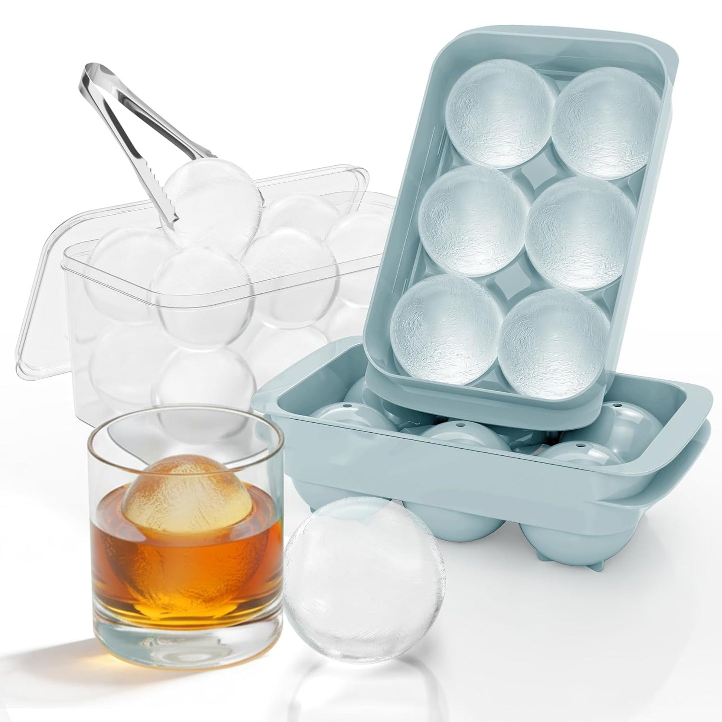 Large Ice Cube Tray for Freezer - 2 Pack Stackable Round Ice Cube Molds Set, Easy to Fill & Release with Storage Bin and Tongs for Kitchen, Party, Cocktail & Coffee, Gifts for Whiskey Lover (1.93In)