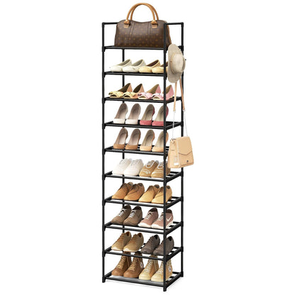 Narrow Shoe Rack 10 Tiers Tall Shoe Rack for Entryway Closet 20 24 Pairs Shoe & Boots Organizer Storage Shelf Durable Black Metal Stackable Shoe Cabinet with Hooks, 17.1D x 11.8W x 78.7H in