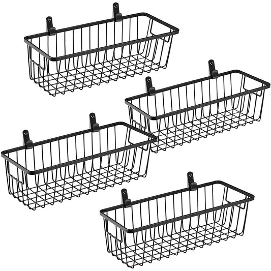 SheeChung Wall Hanging Baskets, Small Wire Basket for Organizer, 4 Pack | Black, Metal Storage Baskets with Portable Handle, for Farmhouse Rustic Bathroom, Kitchen, Pantry, Cabinets, Closets, Bedroom