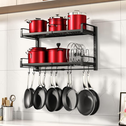 19"- 30" Expandable Hanging Pot Rack, 2 Tier Heavy Duty Wall Mounted Pots and Pans Organizer with 10 Hooks and 5 Pot Lid Holders, Pot Hanger Shelf for Kitchen Cookware Utensils Organizers and Storage