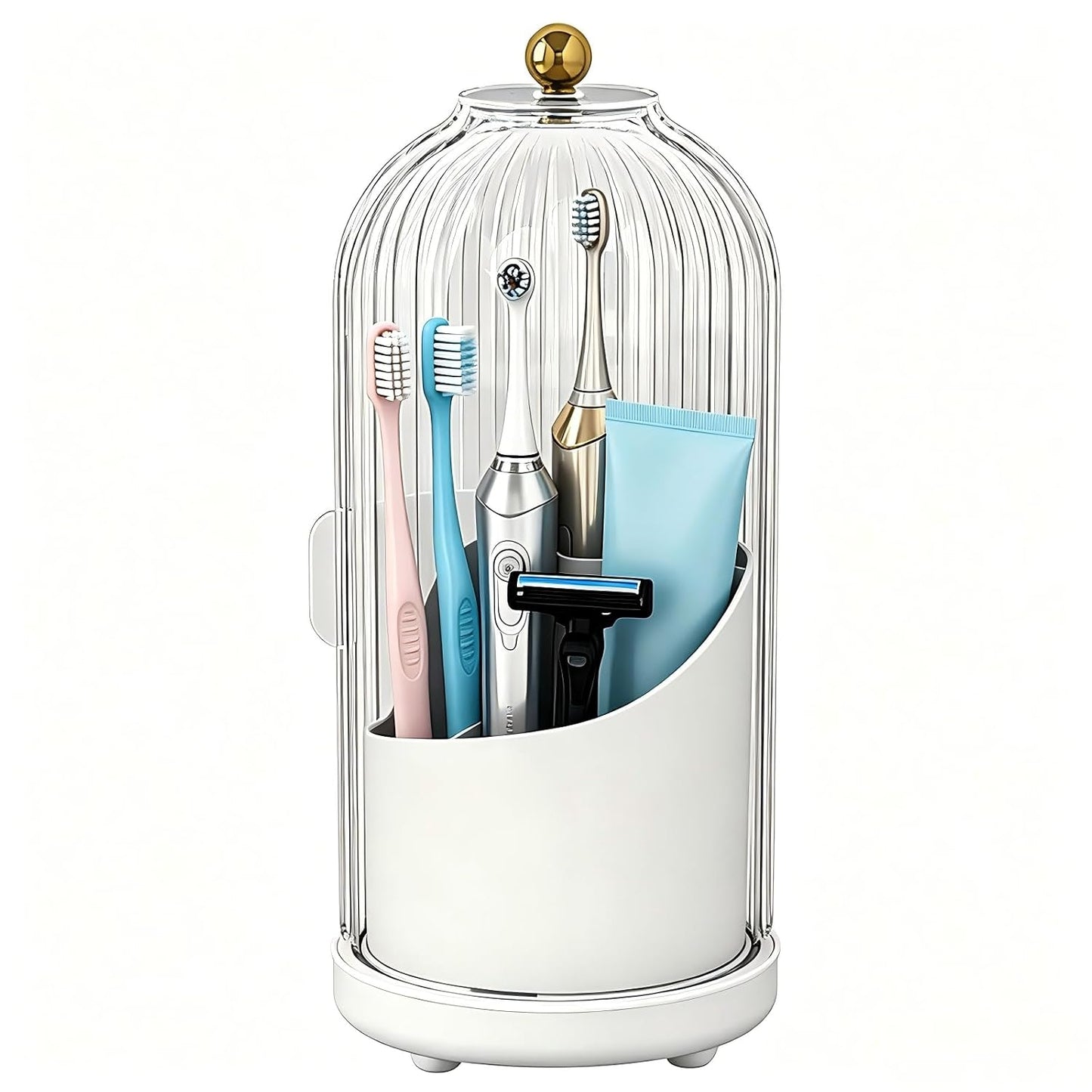 JEESA Dustproof Toothbrush Holder Organizer with Drainage, White | Sliding Door Cover, 360 Rotating, 3 Slots, Bathroom Countertop